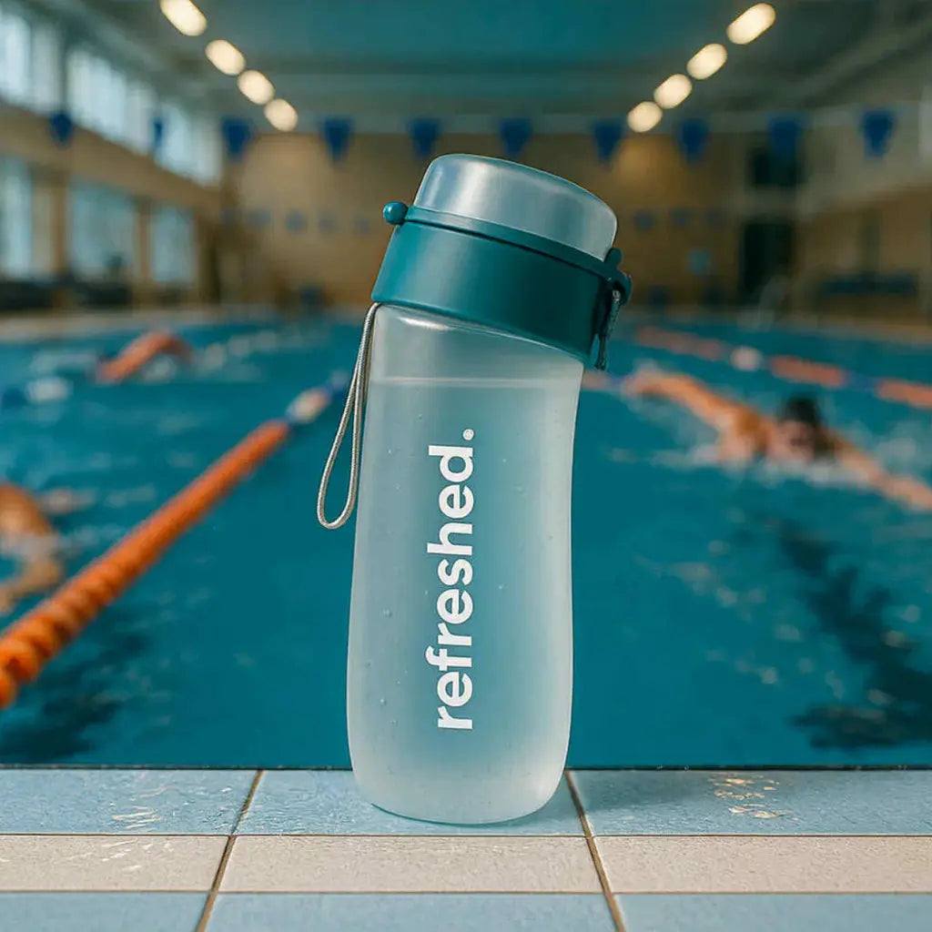 refreshed basic flaske ved bassengkanten